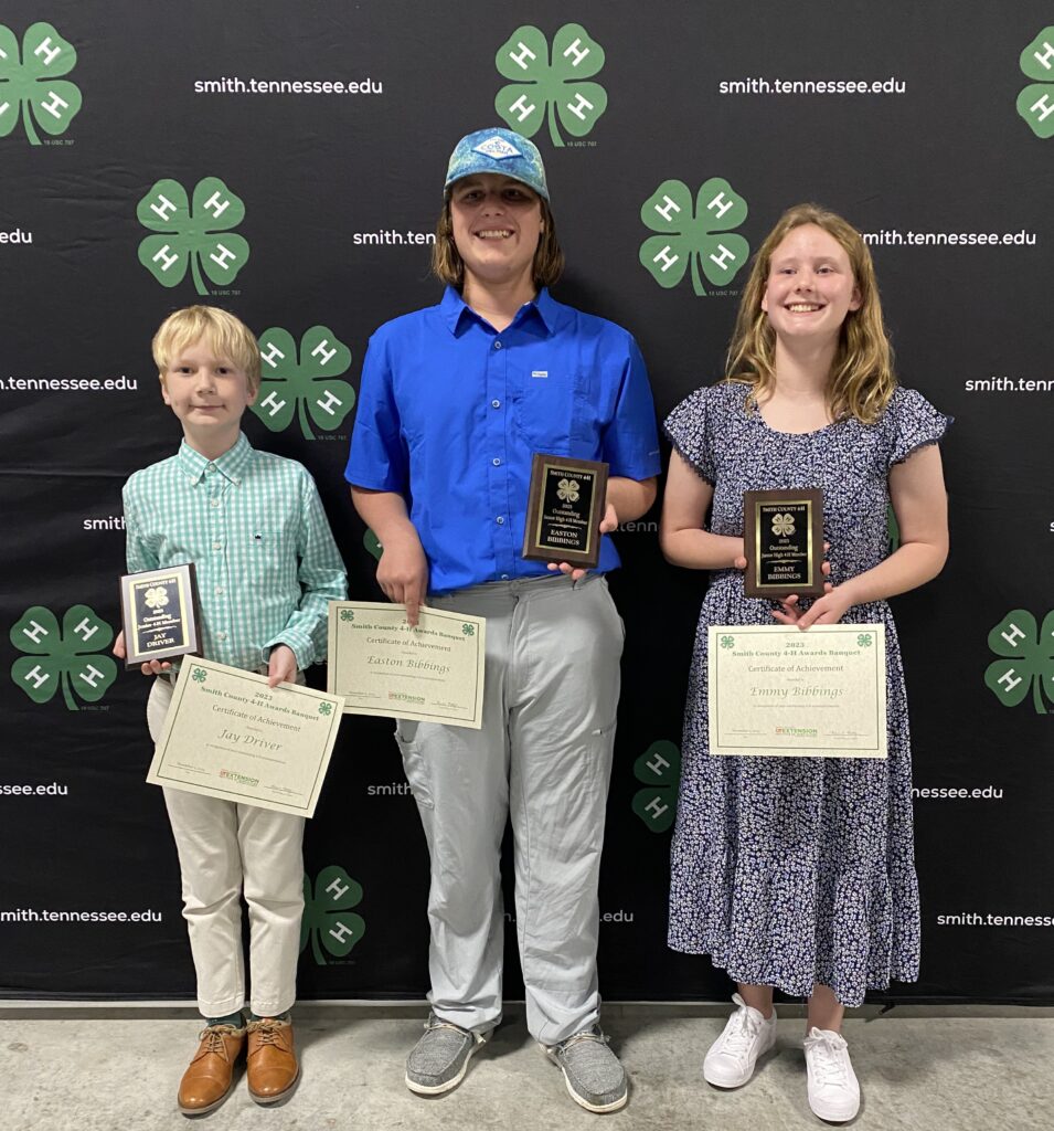 Three 4-H'ers hold plaques and certificates in front of a black background with green clovers
